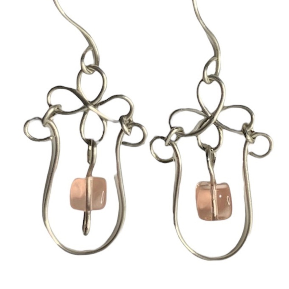 Handmade Woven Wire Flower Vase Earring Set w/ a Pink Acrylic Bead in the Center